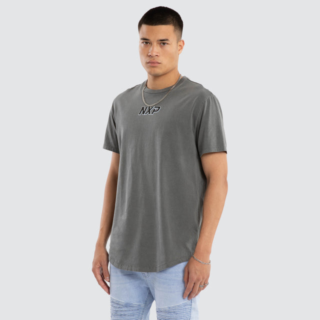 Model wears All For One Dual Curved Tee Pigment Steel T-Shirts Grey – image 3