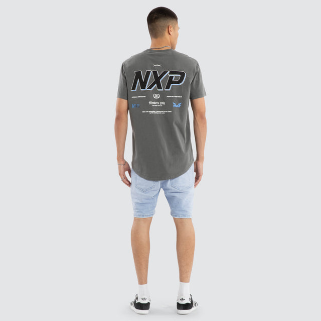 Model wears All For One Dual Curved Tee Pigment Steel T-Shirts Grey – image 2