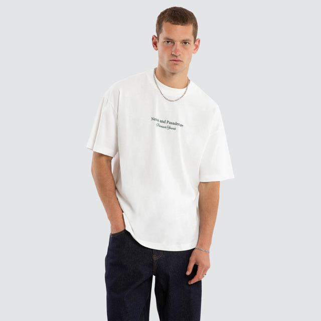 Model wears Audiophile Raptor Tee Natural White T-Shirts White – image 1