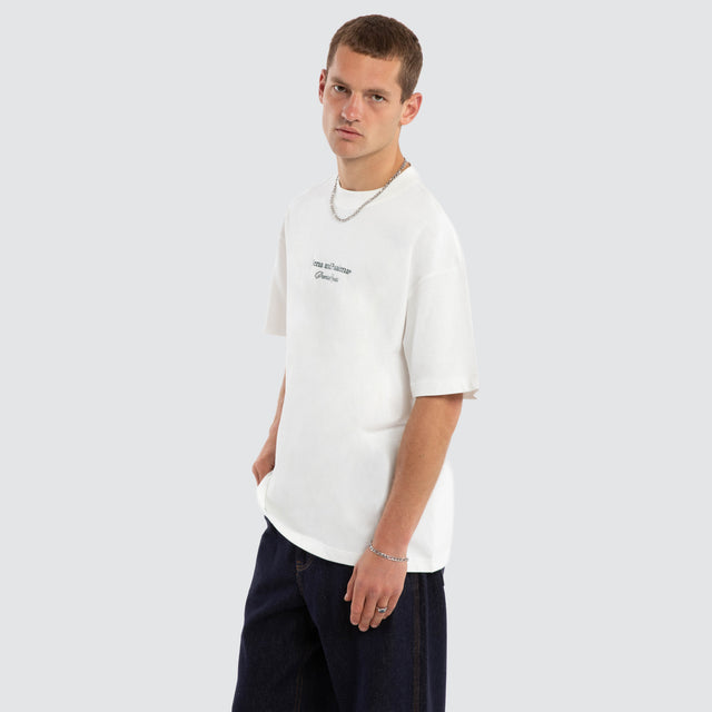 Model wears Audiophile Raptor Tee Natural White T-Shirts White – image 3
