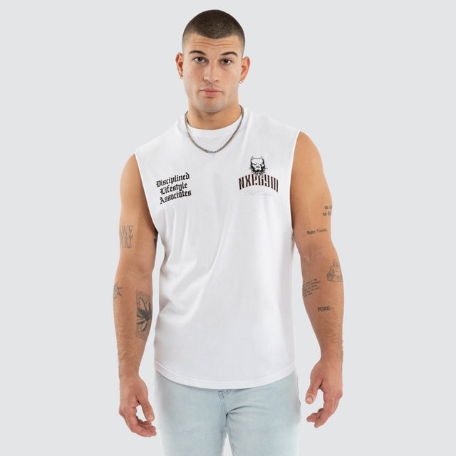 Model wears NXP Hallow Curved Hem Muscle White Muscle Tees in White - Image 2