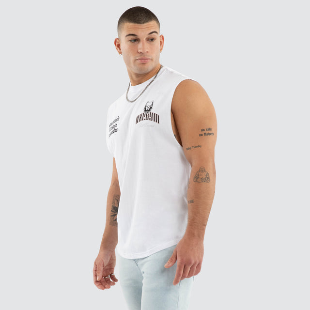 Model wears NXP Hallow Curved Hem Muscle White Muscle Tees in White - Image 4