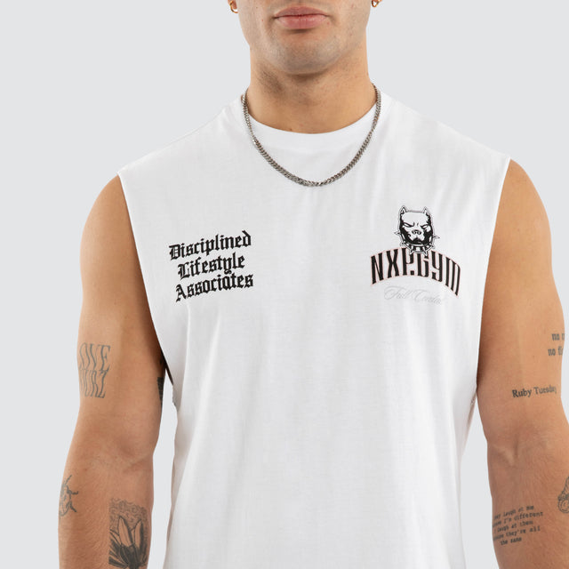 Model wears NXP Hallow Curved Hem Muscle White Muscle Tees in White - Image 3