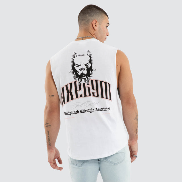 Model wears NXP Hallow Curved Hem Muscle White Muscle Tees in White - Image 1