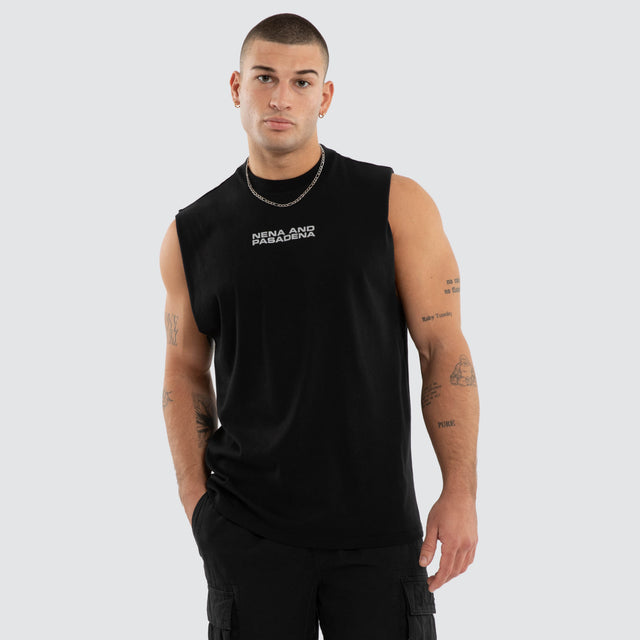 Model wears NXP Ravenor Relaxed Muscle Anthracite Black Muscle Tees in Black - Image 2