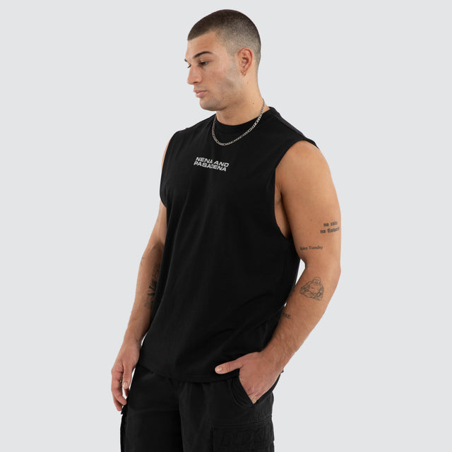 Model wears NXP Ravenor Relaxed Muscle Anthracite Black Muscle Tees in Black - Image 3