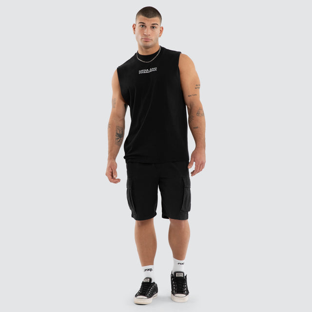 Model wears NXP Ravenor Relaxed Muscle Anthracite Black Muscle Tees in Black - Image 5