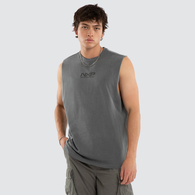 Model wears NXP Nighthold Relaxed Muscle Grey Muscle Tees in Grey - Image 1