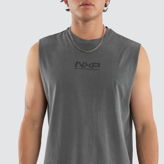 Model wears NXP Nighthold Relaxed Muscle Grey Muscle Tees in Grey - Image 4