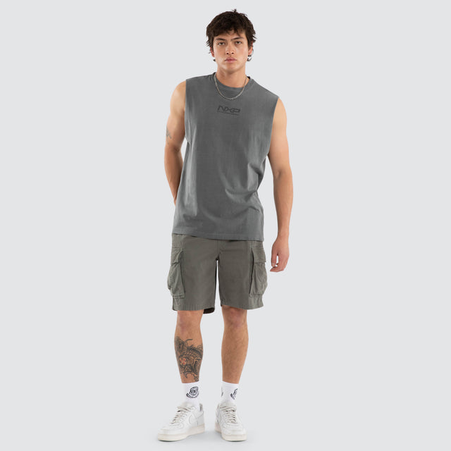 Model wears NXP Nighthold Relaxed Muscle Grey Muscle Tees in Grey - Image 5