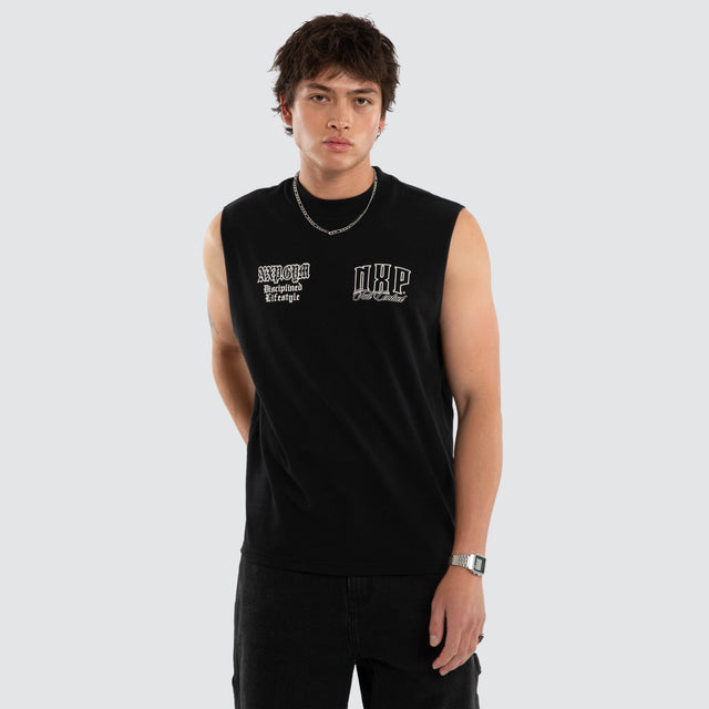 Model wears NXP Gravemind Raptor Muscle Black Muscle Tees in Black - Image 1