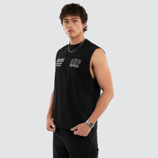 Model wears NXP Gravemind Raptor Muscle Black Muscle Tees in Black - Image 3