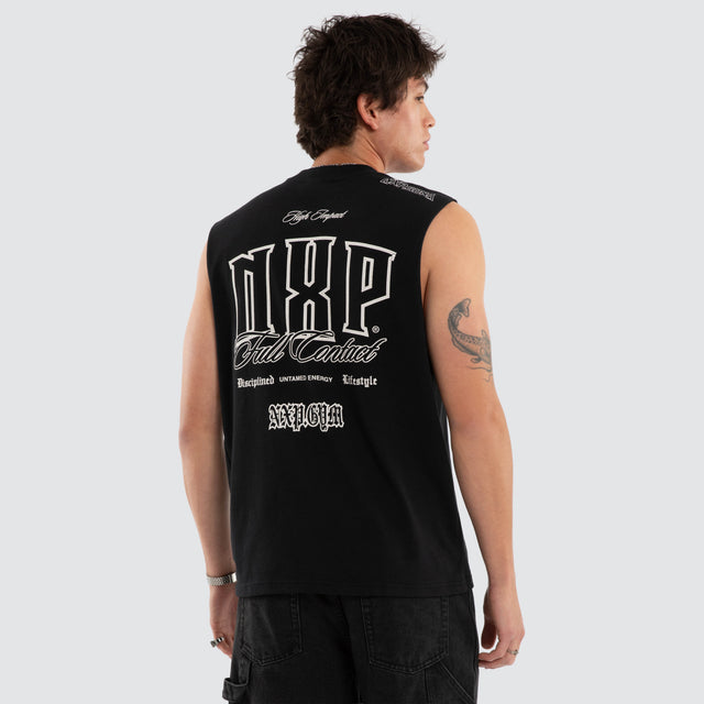 Model wears NXP Gravemind Raptor Muscle Black Muscle Tees in Black - Image 2