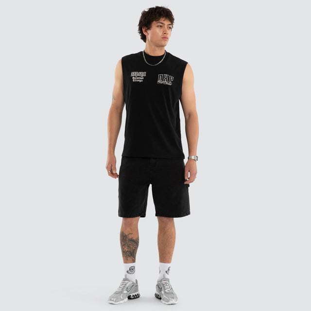 Model wears NXP Gravemind Raptor Muscle Black Muscle Tees in Black - Image 5
