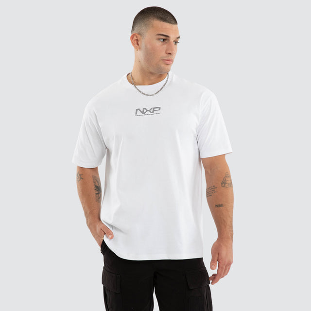 Model wears NXP Nighthold Box Fit Tee White T-Shirts in White - Image 2