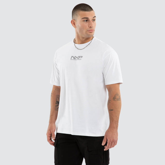 Model wears NXP Nighthold Box Fit Tee White T-Shirts in White - Image 1