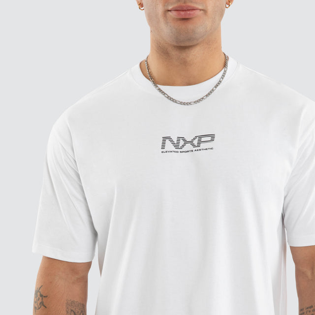 Model wears NXP Nighthold Box Fit Tee White T-Shirts in White - Image 4