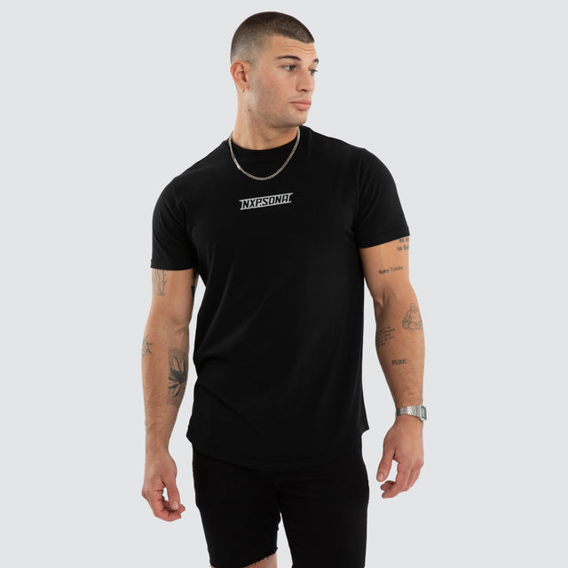 Model wears NXP Aether Curved Hem Tee Black T-Shirts in Black - Image 2