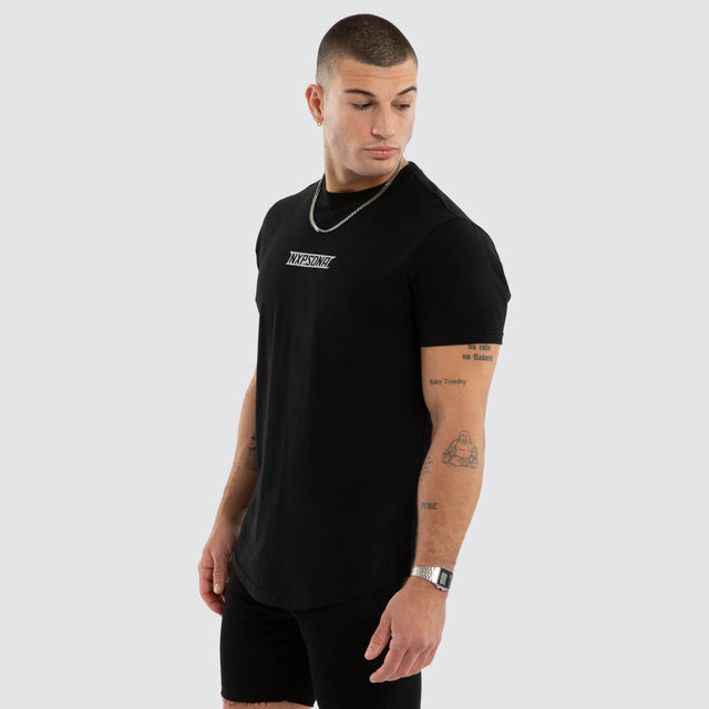 Model wears NXP Aether Curved Hem Tee Black T-Shirts in Black - Image 3