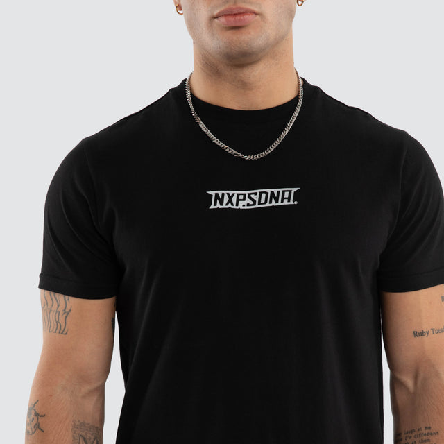 Model wears NXP Aether Curved Hem Tee Black T-Shirts in Black - Image 4