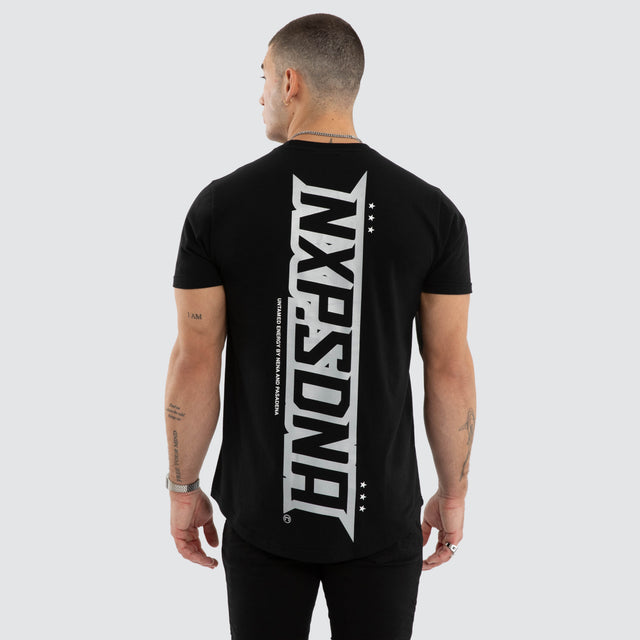 Model wears NXP Aether Curved Hem Tee Black T-Shirts in Black - Image 1