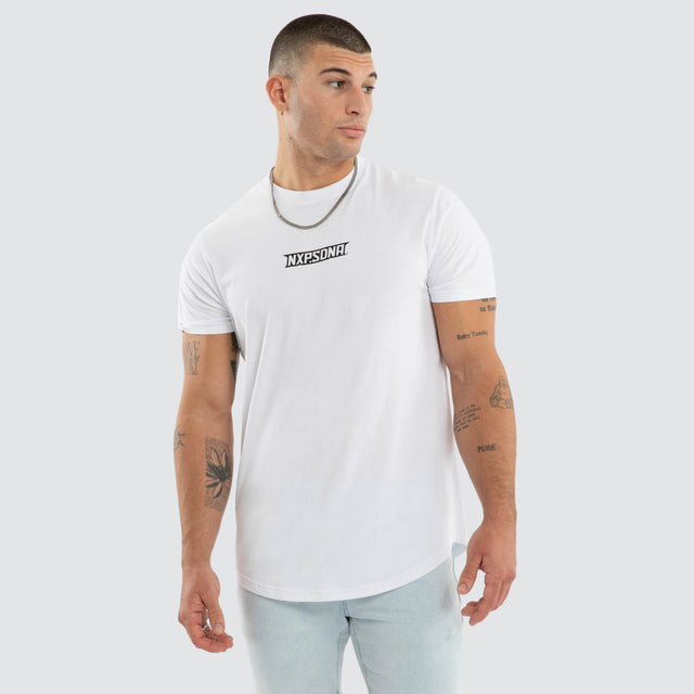 Model wears NXP Aether Curved Hem Tee White T-Shirts in White - Image 3