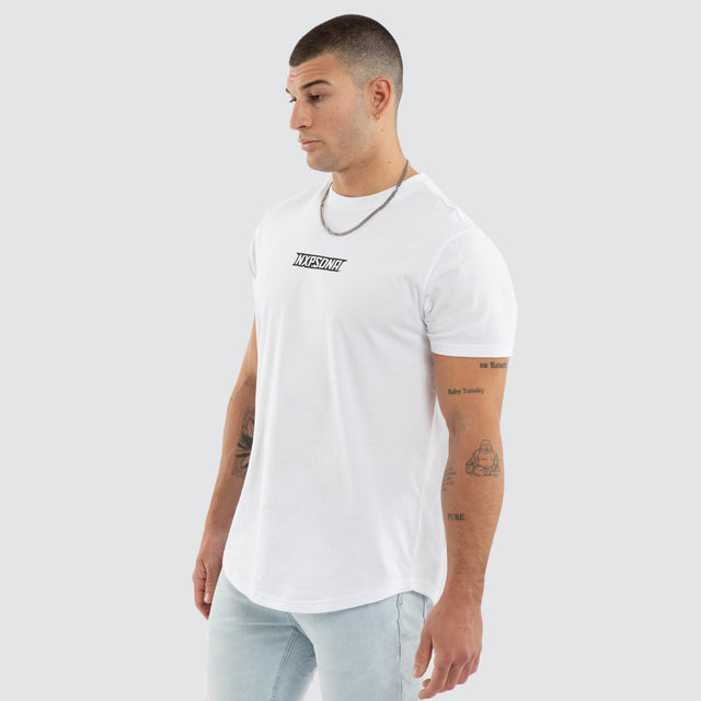 Model wears NXP Aether Curved Hem Tee White T-Shirts in White - Image 2