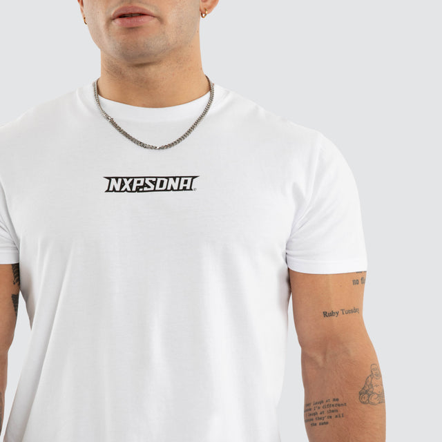 Model wears NXP Aether Curved Hem Tee White T-Shirts in White - Image 4