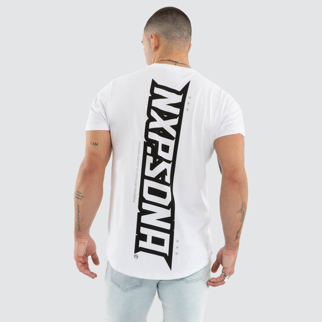 Model wears NXP Aether Curved Hem Tee White T-Shirts in White - Image 1