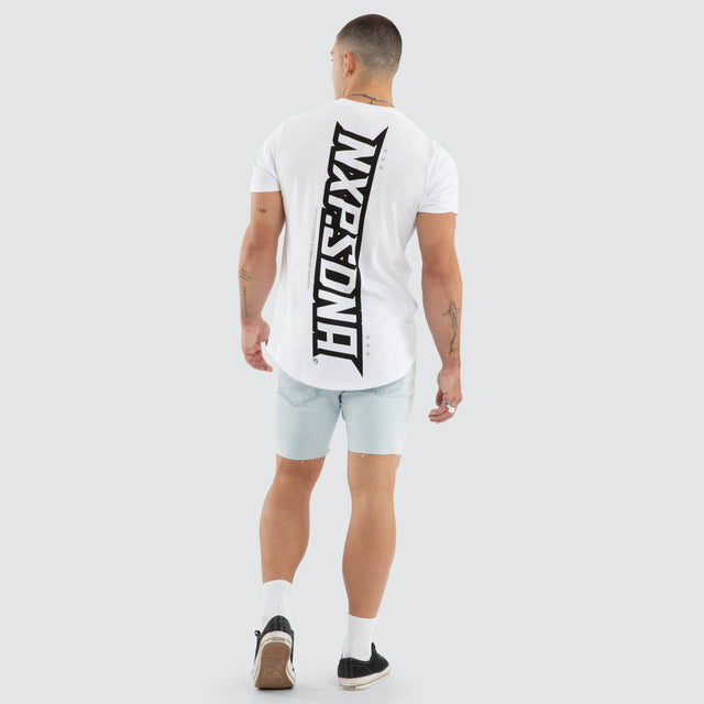 Model wears NXP Aether Curved Hem Tee White T-Shirts in White - Image 5