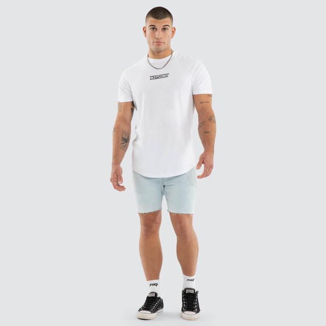 Model wears NXP Aether Curved Hem Tee White T-Shirts in White - Image 6