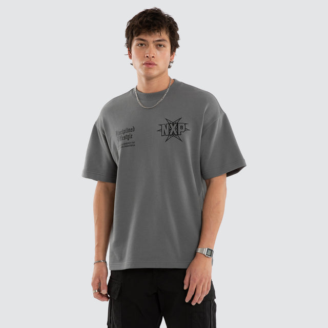 Model wears NXP Octavian Loopback Raptor Tee Grey T-Shirts in Grey - Image 4