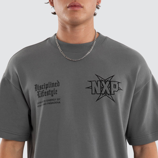 Model wears NXP Octavian Loopback Raptor Tee Grey T-Shirts in Grey - Image 3