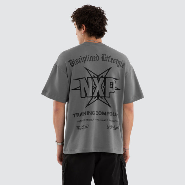 Model wears NXP Octavian Loopback Raptor Tee Grey T-Shirts in Grey - Image 1