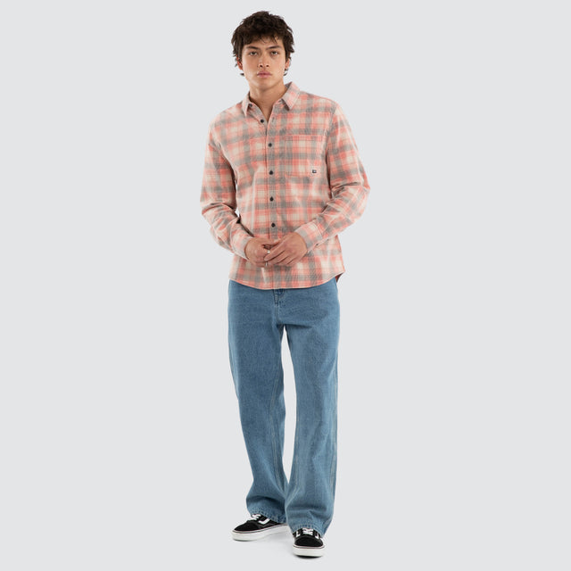 Model wears Frontier Long Sleeve Shirt Poppy Red/Oatmeal Check Long Sleeve Shirts Red – image 3