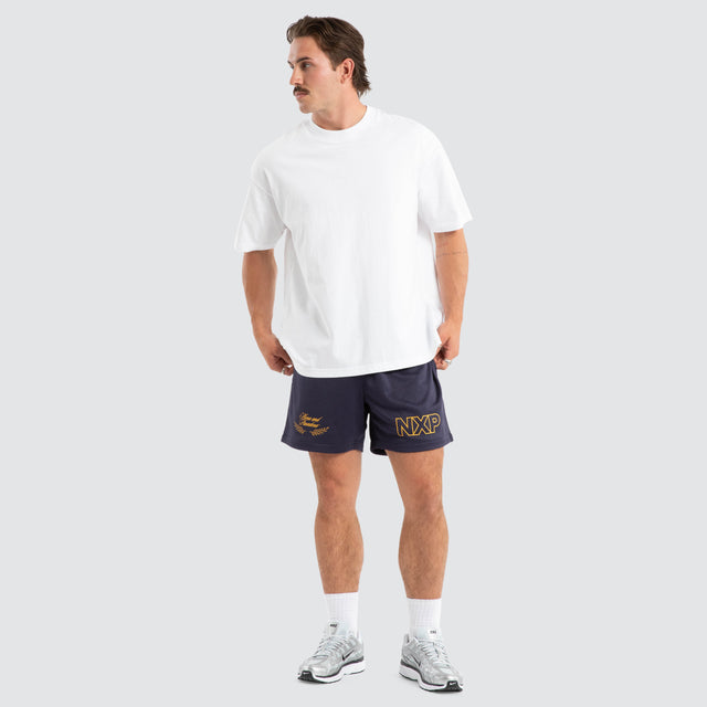 Model wears Essence Trigger Mesh Short Navy Shorts Blue – image 2