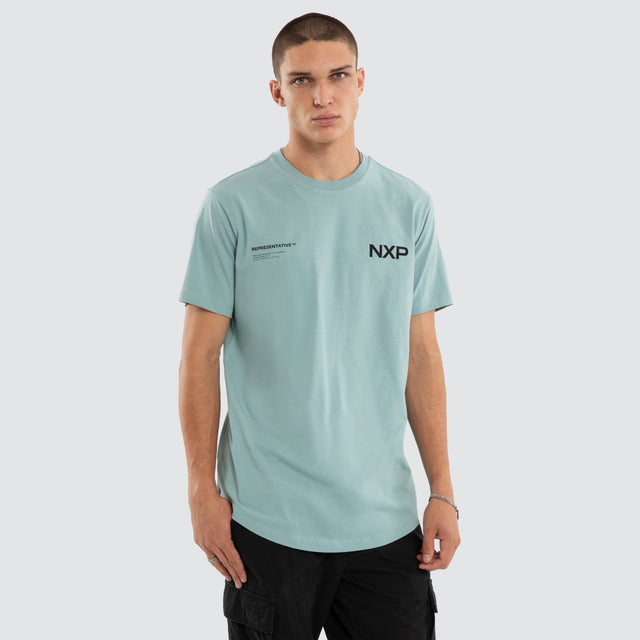Model wears Crime Dual Curved Tee Cameo T-Shirts Blue – image 1