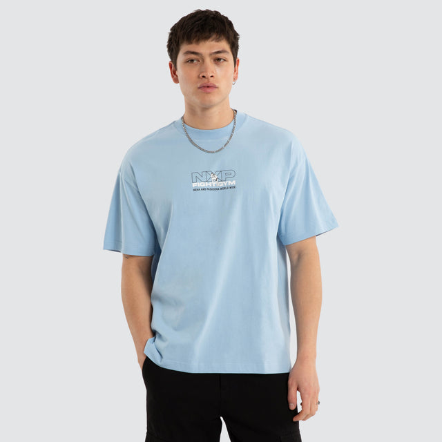 Model wears Script Raptor Tee Blue Bell T-Shirts Blue – image 3