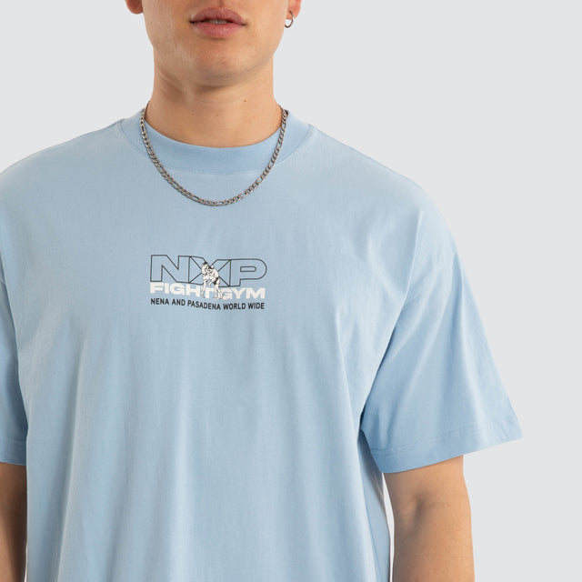 Model wears Script Raptor Tee Blue Bell T-Shirts Blue – image 5
