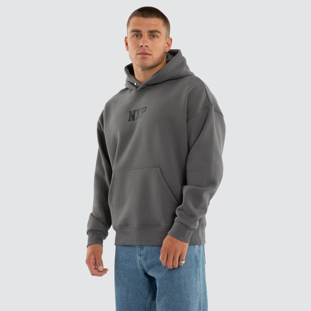 Model wears Foundation Box Fit Hoodie Charcoal Hoodies Grey – image 3