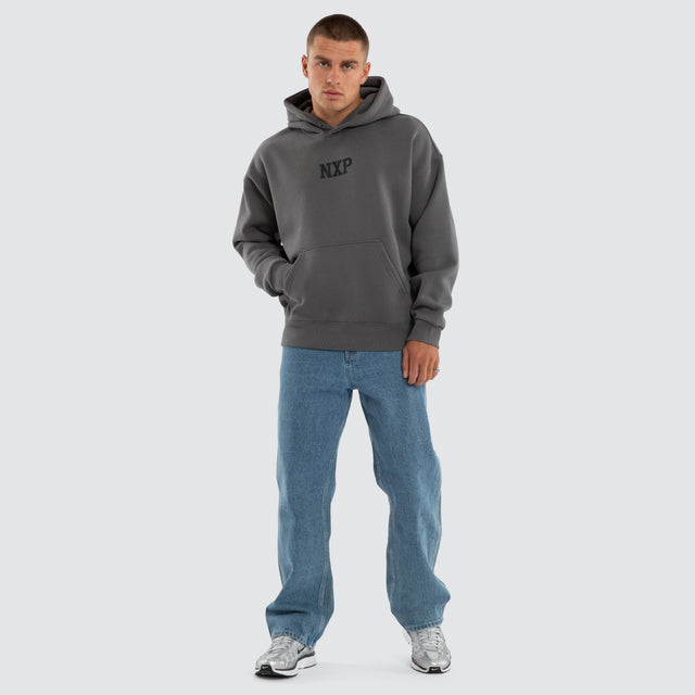 Model wears Foundation Box Fit Hoodie Charcoal Hoodies Grey – image 5