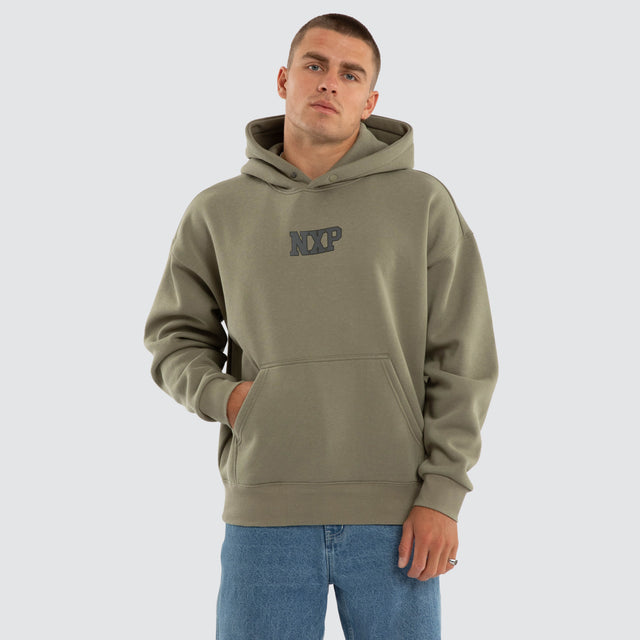 Model wears Foundation Box Fit Hoodie Khaki Hoodies Green – image 1