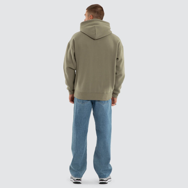 Model wears Foundation Box Fit Hoodie Khaki Hoodies Green – image 2