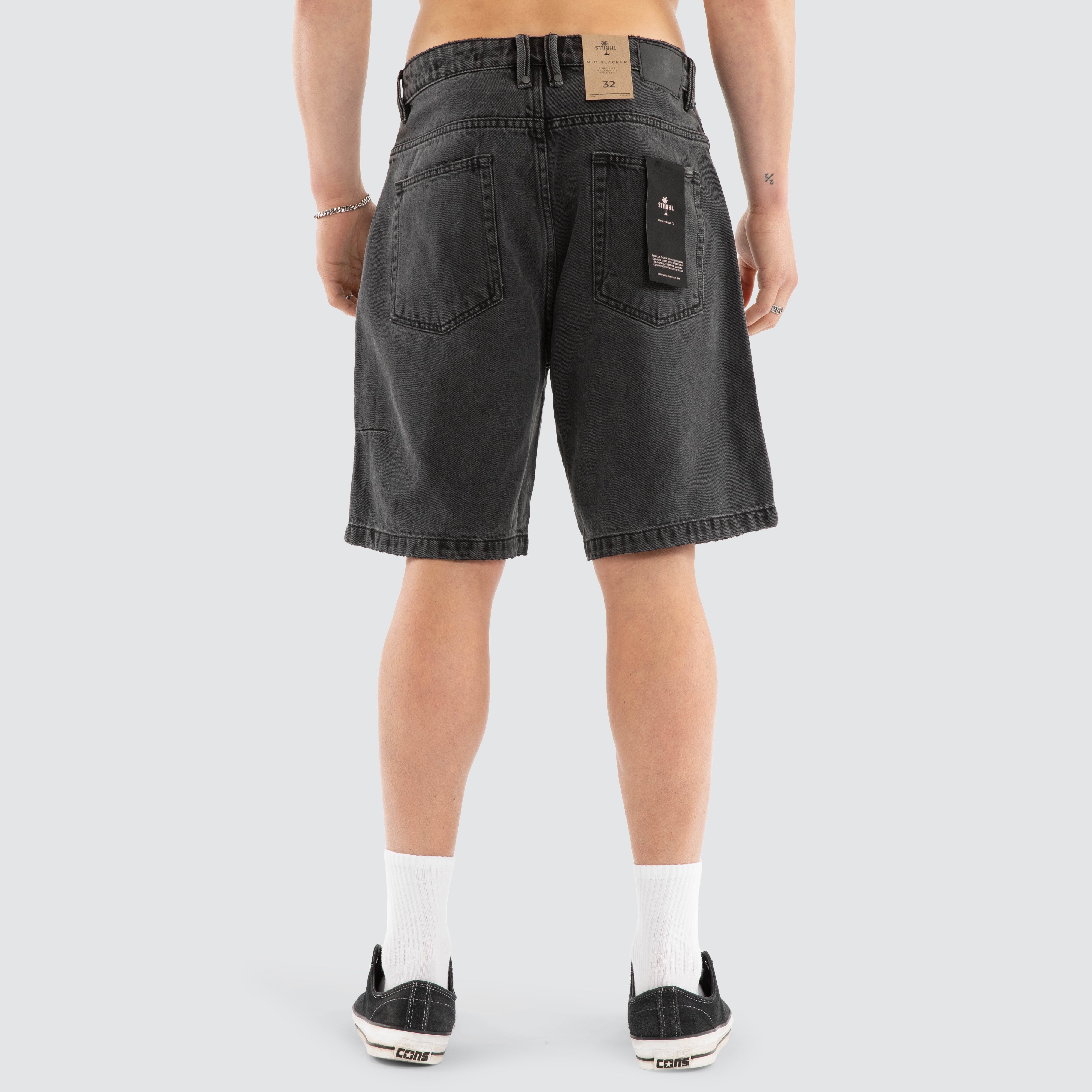 Thrills Mid Slacker Long Denim Jort in Black | Neverland Store