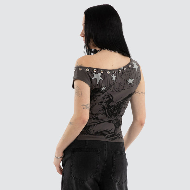 Fascination Cold Shoulder Top Worn Black
