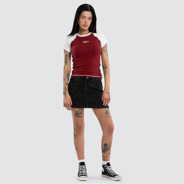 Playing For Keeps Raglan Tee Garnet Red