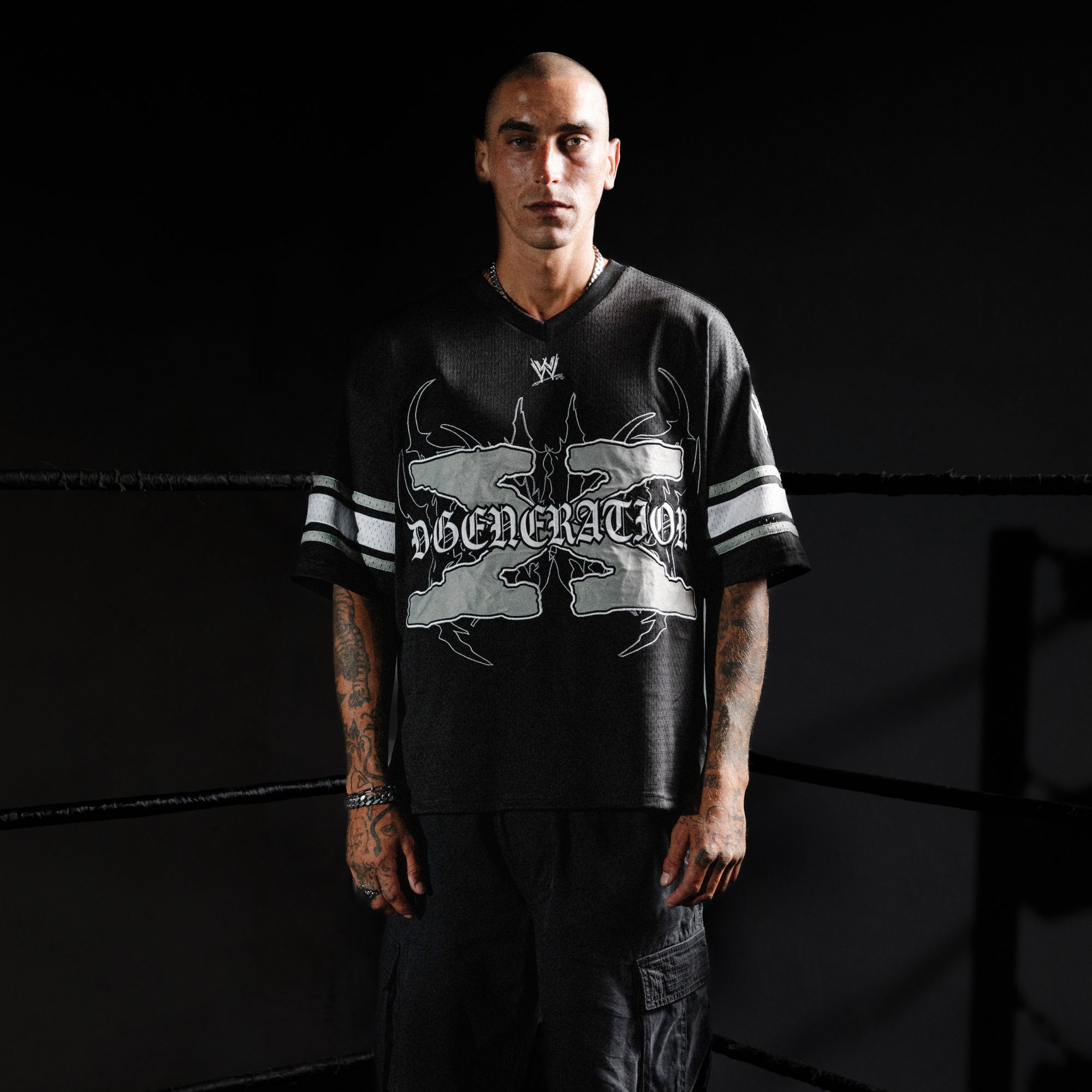  × JERSEY everyone WWE x KSCY DX Mesh V-Neck Jersey in Black | Neverland Store