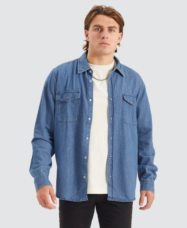 Brixton Wayne Long Sleeve Shirt Washed Indigo Blue