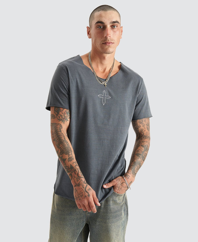 Kiss Chacey Brushton Dual Curved Raw V-Neck Tee - Pigment Asphalt GREY