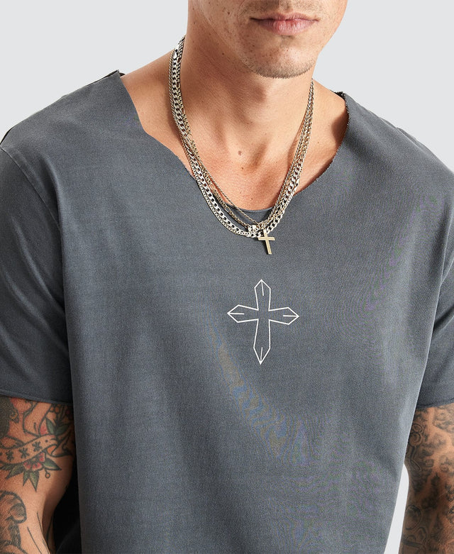 Kiss Chacey Brushton Dual Curved Raw V-Neck Tee - Pigment Asphalt GREY